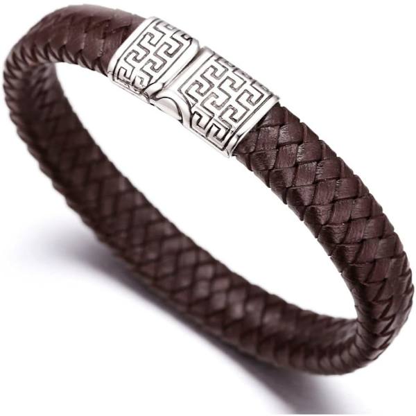 ● Solo ● Herrar Äkta Brun Läder Armband Titanlås med Magneter 8.46\"(21.5cm) - med Presentask