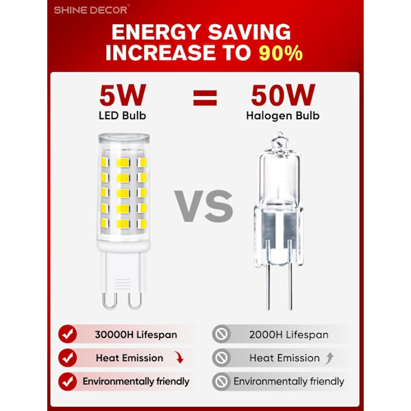 G9 LED-pære, 5W kald hvit 6000K, LED-pære ikke-dimbar, 450LM, tilsvarer 50W halogen, energisparende LED-pærer for taklamper, 6-pakning Model 2 Cool White