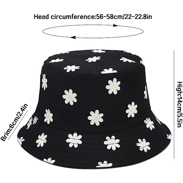 Söpö ämpärihattu rannan kalastajille naisille, kääntyvä kaksisuuntainen käyttö Flower Black