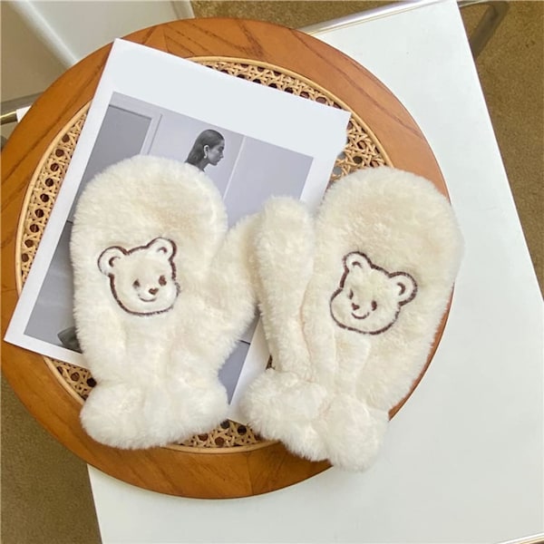 Plushdjursvantar med Fuzzy Bear-motiv - Vintermjukt, Hel Finger, Tjocka Vantar, Håller Varma, Ridvantar -