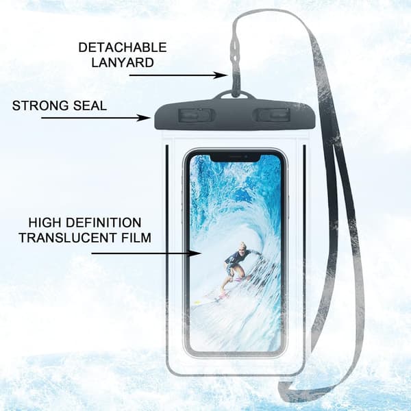 2-pack Waterproof Phone Case, Transparent Fluorescent - Universal Waterproof Case Protective Bag Waterproof Phone Case - Black