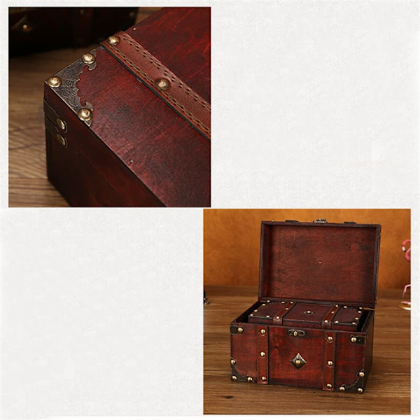 Retro Smykkeskrin Skattekiste Med Lås Vintage Træ Nipsgenstand Opbevaringsboks (S (7.1x3.9x4.3in)) Stilfuldt design til praktisk opbevaring
