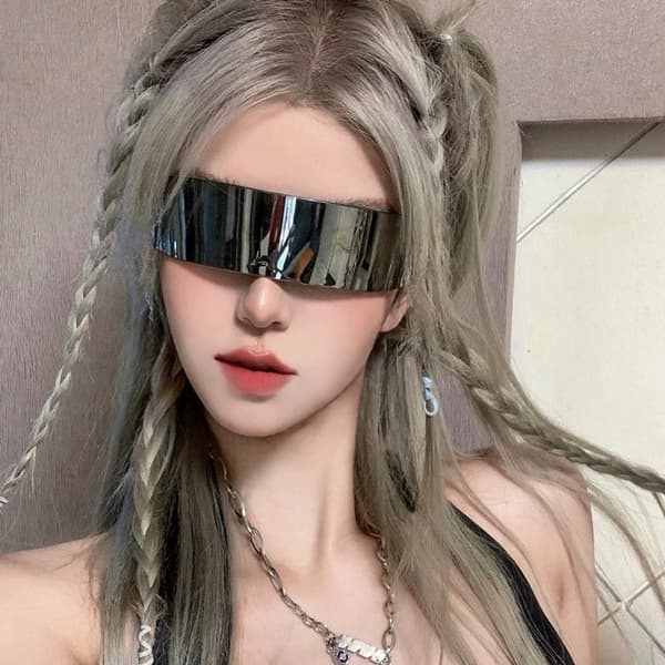 Futuristic Sunglasses Y2K Space Cyclops Wrap Around Glasses Rimless Transparent Mirror Lens