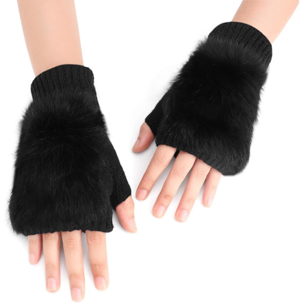 Vinterhandskar för flickor, söta tecknade djurklö-halvfingrar, tjocka & varma, mjuka plyschkorallfleece-snörehandskar Soild Black