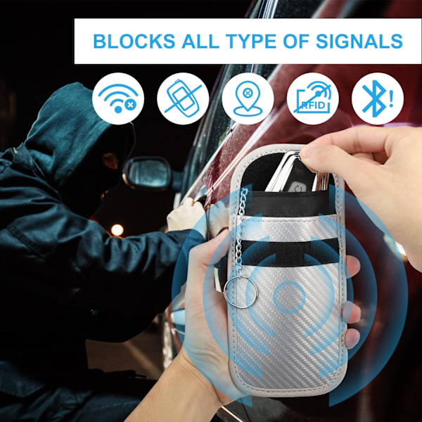 Faraday-pose for bilnøkler, [2-pakning] Diyife bilnøkkel RFID-signalblokkerende pose med krok for å sikre nøkkelring, vanntett Faraday-nøkkelbeskytter, A Silver