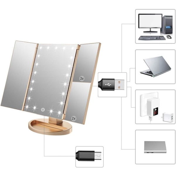Kolmiosainen meikkitaulupeili 2X/3X suurennuksella 21 LED-valolla, 2 virtalähdetilaa, kosketuskytkimellä varustettu pöytäkosmetiikkapeili (kulta) Gold