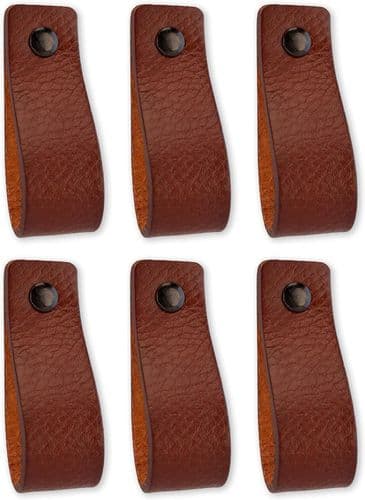 Læderhåndtag møbler - cognac - 6-pak - 16,5 x 2,5 cm - indeholder 3