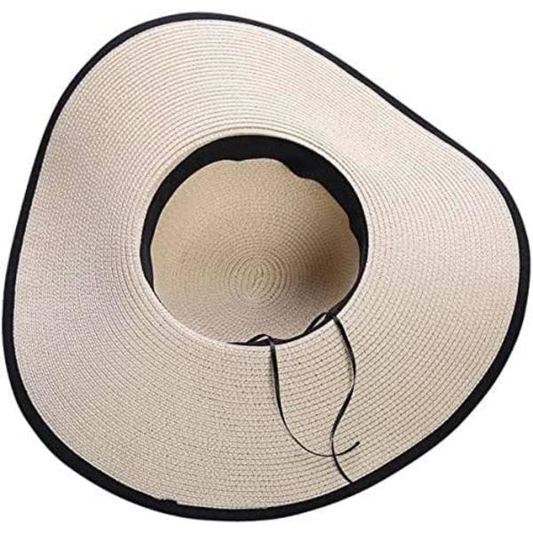 Kvinner sammenleggbar floppy bredbremmet strå solhatt sommer strandhatt UV UPF 50+ 05Style Beige