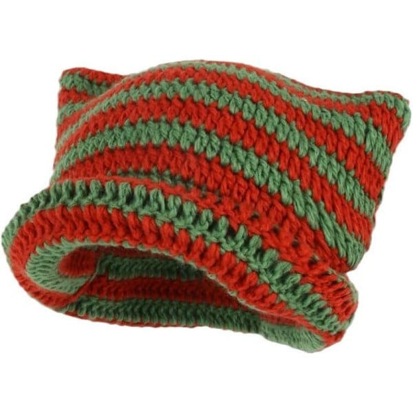 Dam Cat Beanie Stickade Hattar Med Öron Stickade Randiga Vinter Varma Slouchy Elastisk Mössa För Flickor Vuxna Barn Red green One size