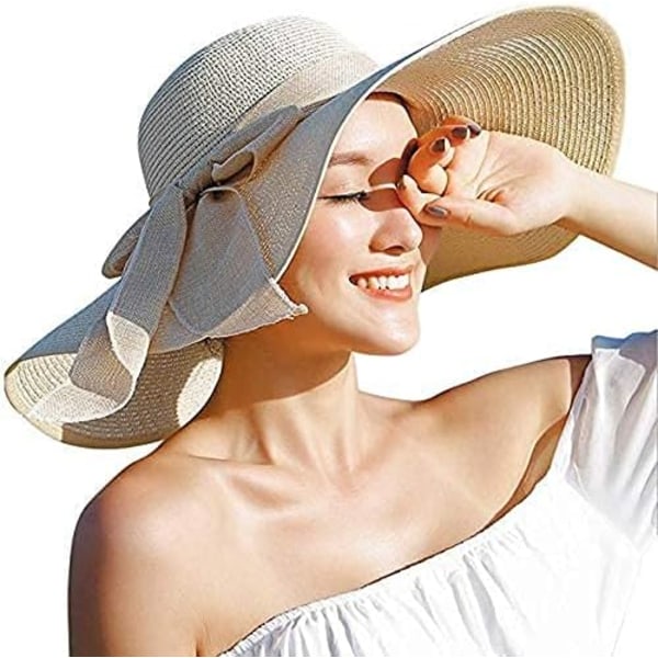 Kvinde Foldbar Floppy Bredskygget Solhat Sommer Strandhat UV UPF 50+ 02Style Bowknot Beige