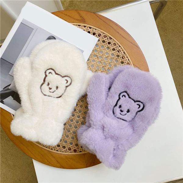 Plushdjursvantar med Fuzzy Bear-motiv - Vintermjukt, Hel Finger, Tjocka Vantar, Håller Varma, Ridvantar -
