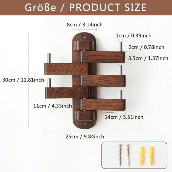 Oak Swivel Coat Rack, Solid Wood Hooks with 5 Swiveling Foldable Arms, 30 cm Long Wall Rack Hat Hooks for Bedroom (Walnut)