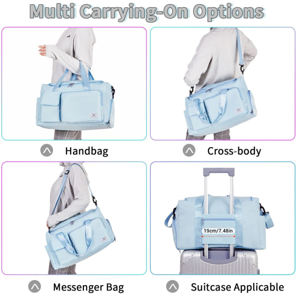 Naisten ja miesten urheilukassi, kuntosalikassi, jossa kenkälokero, viikonlopun matkakassi, yölaukku naisille, taitettava, vedenpitävä, sairaalakassi Light Blue (With Toiletry Bag)