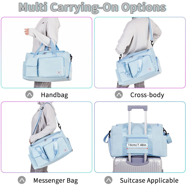 Sportväska för kvinnor och män, gymväska med skofack, weekendväska, övernattningsväska för kvinnor, hopfällbar, vattenavvisande, för sjukhus Light Blue (With Toiletry Bag)