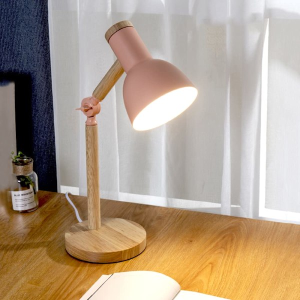 Sengelampe, moderne træbordlampe med metallampeskærm, justerbar natbordlampe til kontor, studie, soveværelse, børn, tænd/sluk-knap, lyserød pink