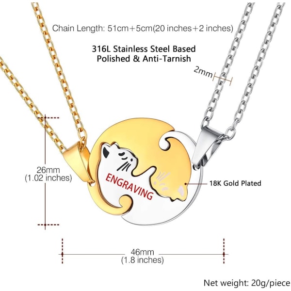 Puslespil-Halskæde i Rustfrit Stål til 2 Dele, Kat/Livets Træ/Hjerteformet, Tilpasselig, Yin Yang Halskæde Smykke Gave til Style 01 18k Gold PlatedPersonalised Personalized