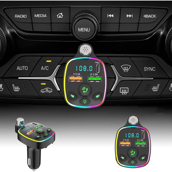 Langaton Bluetooth 5.3 FM-lähetin autolle, pikalaturi 3.1A, Bluetooth radiosovitin, PD+QC3.0, melua vaimentava mikrofoni ja musiikkisoitin