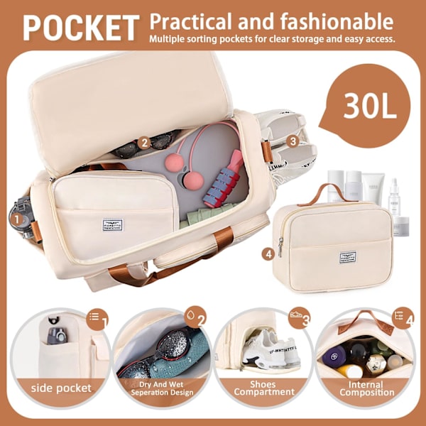 Sports- og træningstaske til kvinder og mænd med skorum, weekendrejsetaske, overnatningstaske til kvinder, sammenklappelig vandafvisende hospitalstaske Beige&brown (With Toiletry Bag)