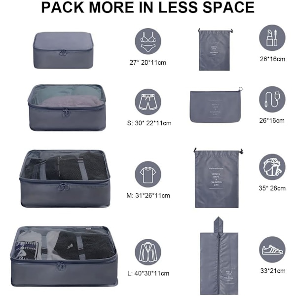 Hopfällbara vattentäta packningskuber, 8 st researrangör packpåsar resebagage packningsorganisatörer med skopåse för kläder resväska sko Grey S