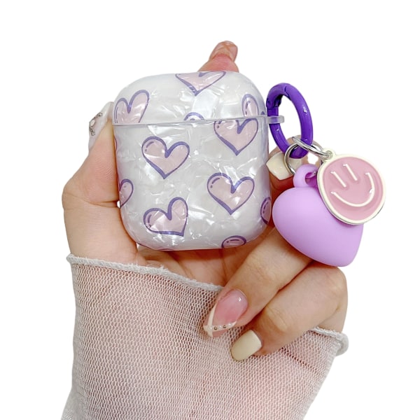 Kompatibel med AirPods 1&2 case för kvinnor, tjejer, Cute Hearts Shell Design Mjuk TPU- case med nyckelring Anti-damm Stötsäker cover