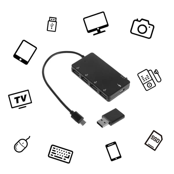 USB C-hub, 5-i-1 USB-C-splitter med 4 USB-grænseflader USB-han til Micro USB-hun-adapter til smartphones og tablets