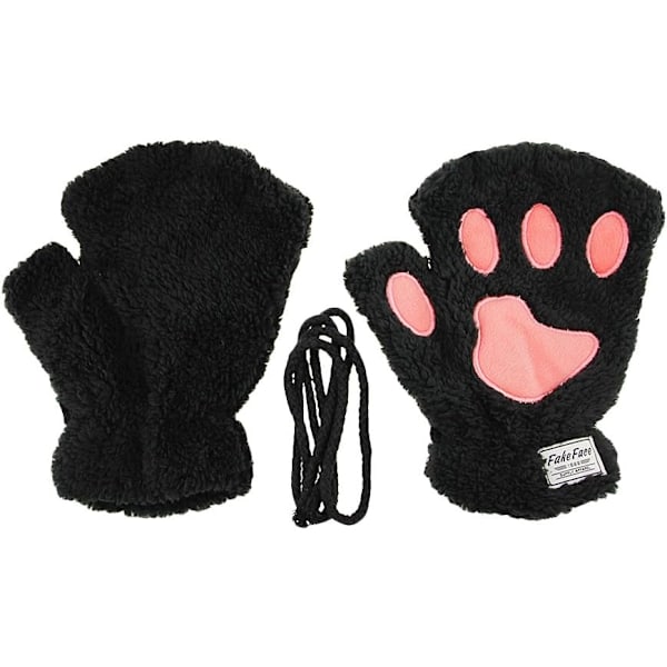 Vinterhandskar för flickor, söta tecknade djurklövar, halvfinger, tjocka & varma, mjuka plysch, korallfleece, snöre, vantar Black