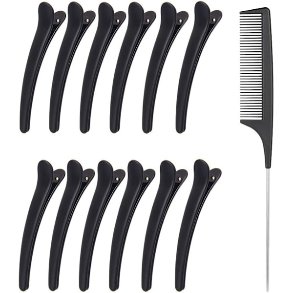 Sektionsklämmor + 1 st Professionell Antistatisk Metallkam med Svans, Makeup Frisörklämmor för Styling av Kvinnor Flickor Frisörsalong Black 13 Piece Set