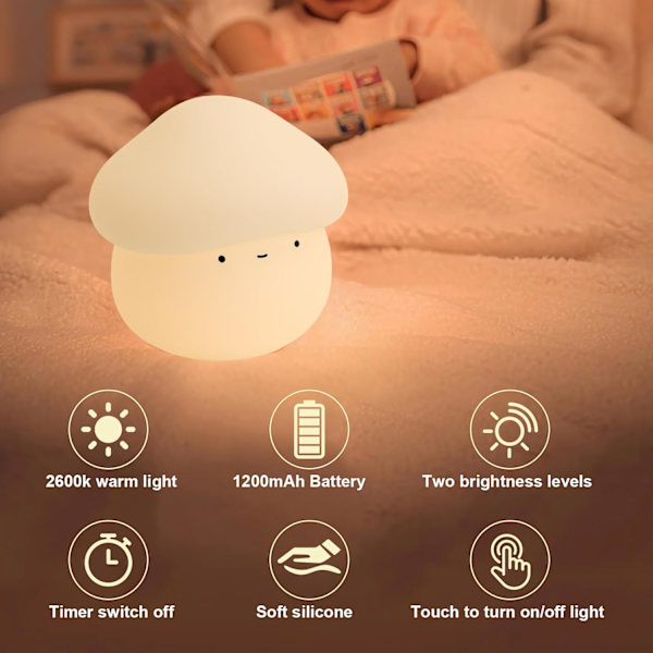Silikon nattlys for barn, USB-oppladbart lys, bordlampe til soverom, timer, leselys, dekorasjon, gave (soppform).