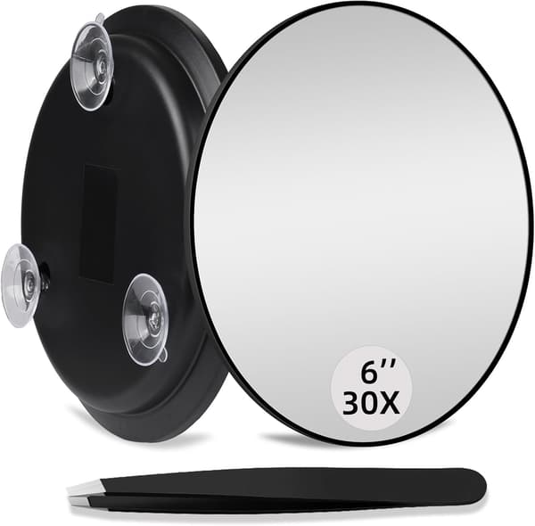 Magnifying Mirror with 3 Suction Cups, Makeup Magnifying Mirror with Tweezers, 30X Black