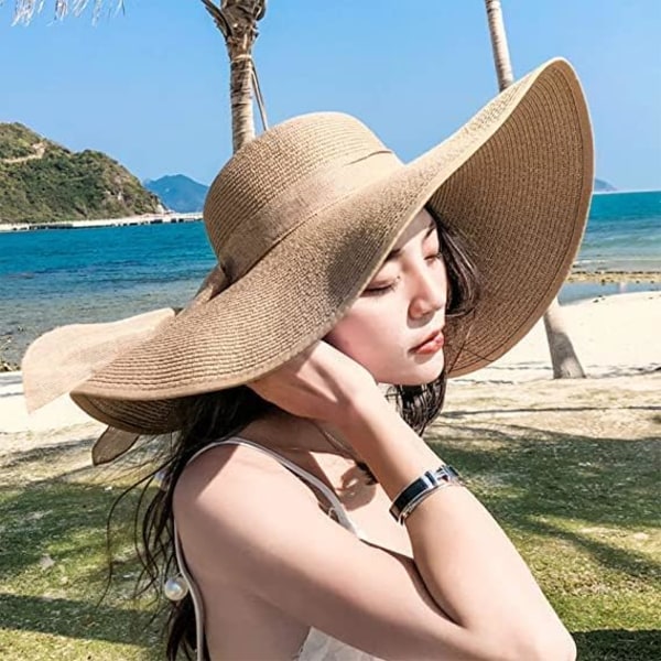 Dam hopfällbar floppy bredbrättad stråsolhatt sommar strandhatt UV UPF 50+ 02Style Bowknot Khaki