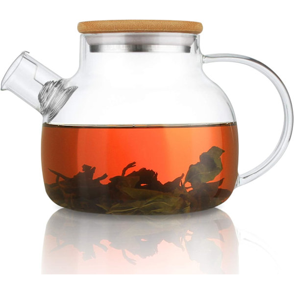 Glas tekande komfursikker med bambuslåg, 900 ml/30,4 oz gennemsigtige tekande med aftagelig si, glas tekande til løs te og blomstrende te 900ml/30.4oz 900ML/30.4OZ