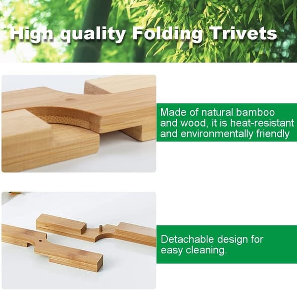 2-pack Natural Bamboo Foldable Pot Holders, Heat Insulating, Non-Slip, Foldable Trivets
