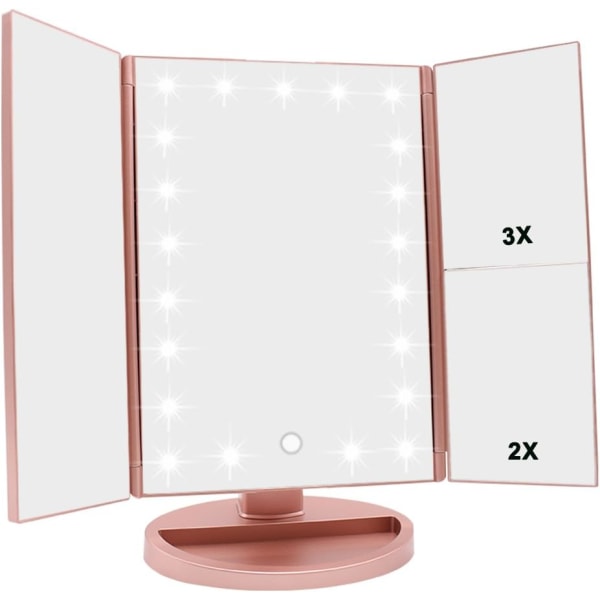Trifold sminkebordsspeil, 21 LED-lys og 2X/3X forstørrelse, berøringsbryter for justering av lysstyrke, sminkebordsspeil med dobbel strømforsyningsmodus (rose gull) Rose Gold