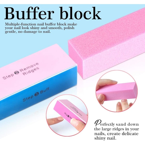 Nagelfilset - 3 st dubbelsidig nagelfil, rektangulär nagelbuffer, bufferblocksvamp polerad, nagelborste, kommer med nagelbandstång och tryck Pink