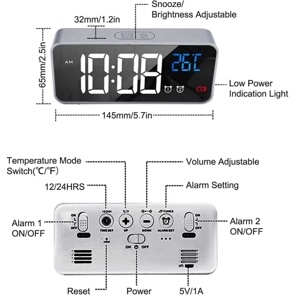 Digital väckarklocka, LED-väckarklocka med snooze-funktion, USB-portar för laddning (silverfärg)