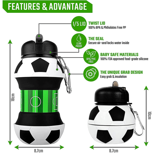 Fotbollsvattenflaska - Unika fotbollspresenter för pojkar och flickor - Barnens vattenflaska, hopfällbar, läcksäker - Pojkars vattenflaska - BPA-fri - 550 ml