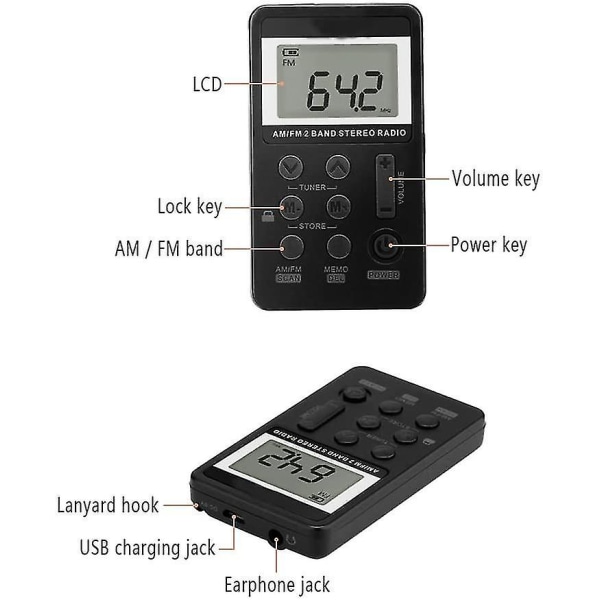 Pocket Bærbar Radio Fm & Am Radio Usb Opladning, Sort