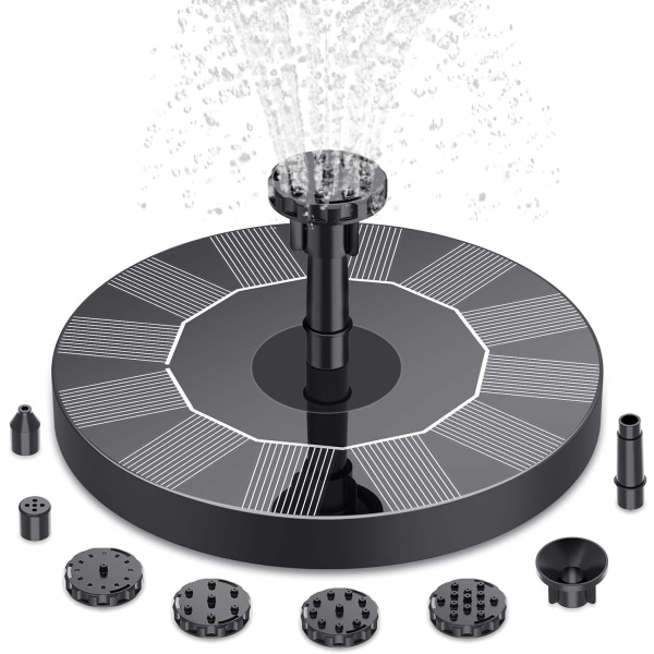 Solcelledrevet springvand til udendørs 2024 - forbedret, solcelledrevet springvand til udendørs med 6 sprøjtefunktioner, solcelledrevet dam pumpe, solcelledrevet flydende springvand pumpe til haven Black 1.5W