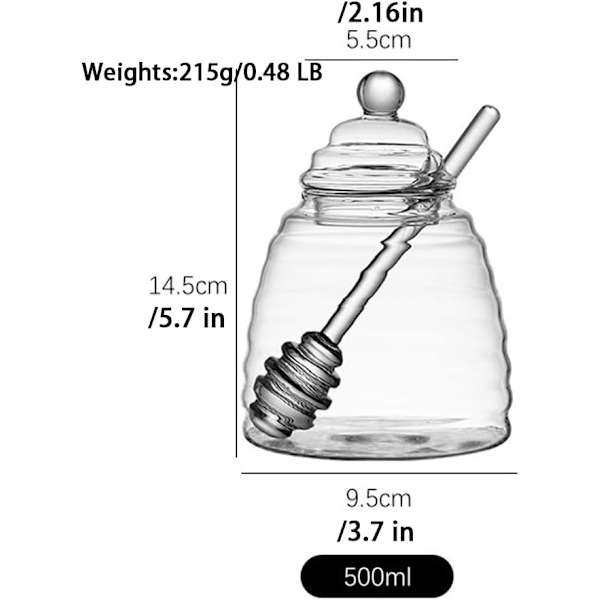 500 ml / 6,9 oz honningkrukke med dipper, glass honningkrukke og dippersett, honningdispenser, bikube honningkrukke for å lagre honning og sirup Wood