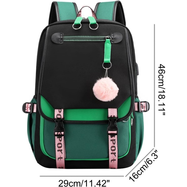 Teenagepigers rygsæk Middle School Students Bogtaske Outdoor Daypack Med USB-opladningsport 4# Green Black 21 Liters