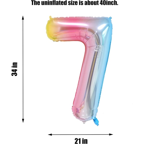 Nummerballonger, fargerike heliumballonger til bursdag, selvblåsbare tallballonger, folieballong til bursdagsfest, nyttårsdekor Rainbow #7 Large