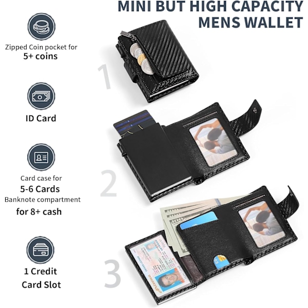 Kredittkortholder RFID-blokkering Minimalistisk Trifold Herre Lommebøker Automatisk Pop Up Metallveske med ID-vinduer og glidelåslomme Black Mat Pattern