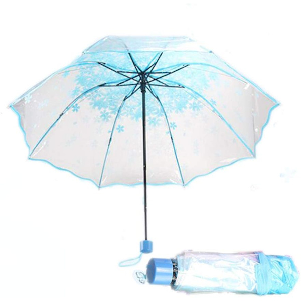 Hyresbart Fällbart Parasoll Körsbärsblommor Transparent Parasoll Genomskinligt Regn Fällbart Parasoll för Kvinnor Barn Flickor Lätt Vindtätt Kompakt Parasoll Blue