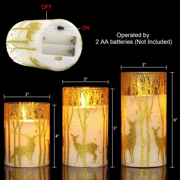 Glass Flammeløse Stearinlys Flimrende med Timer Fjernkontroll, 3 Pakk Gull Rein Elg Dekal Ekte Voks Stearinlys Lys for Jul Hjemmedekorasjon