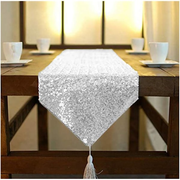 Shimmer silver - paljett bordslöpare med frans - 30 x 180 cm, glittrande runda paljetter tyg för bordslöpare på fest bröllop bankett bordsduk la SILVER 12x72Inch