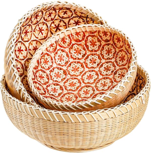 Set of 3 Woven Rattan Storage Baskets, Bamboo Bread Basket Round Rattan Serving Basket Rustic Decor, Stackable 9.6 inch/8 inch/7 inch