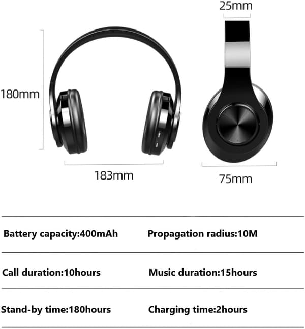 Wireless Bluetooth Headphones - Colorful Lights/Foldable/Large Battery Capacity/Built-in Microphone - Bluetooth 5.0/10m Pure Black