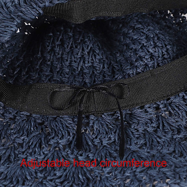 Solhatt i halm för kvinnor, damer, hopfällbar, bredbrättad, med rosett, justerbar, strandhatt, elegant hinkhatt, UPF 50 UV-skydd, bekväm Dark Blue One Size