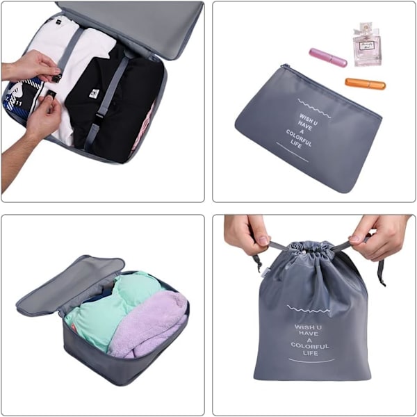 Hopfällbara vattentäta packningskuber, 8 st researrangör packpåsar resebagage packningsorganisatörer med skopåse för kläder resväska sko Grey S