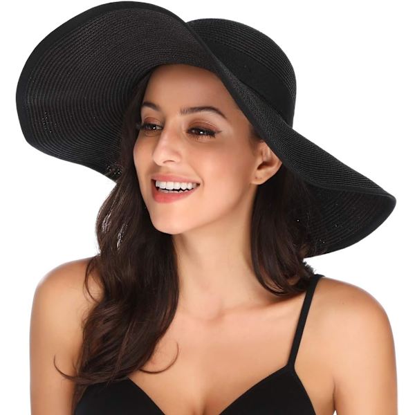 Damhatt i Halm med Bred Brätte, Vikbar, Rullbar, Strandhatt, Solhatt, UPF 50+ Style Cblack